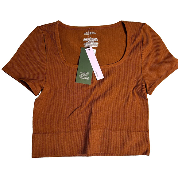 Wild Fable Seamless Cropped T Shirt Womens S Brown Stretchy Ribbed Fitted Fall - Picture 2 of 6
